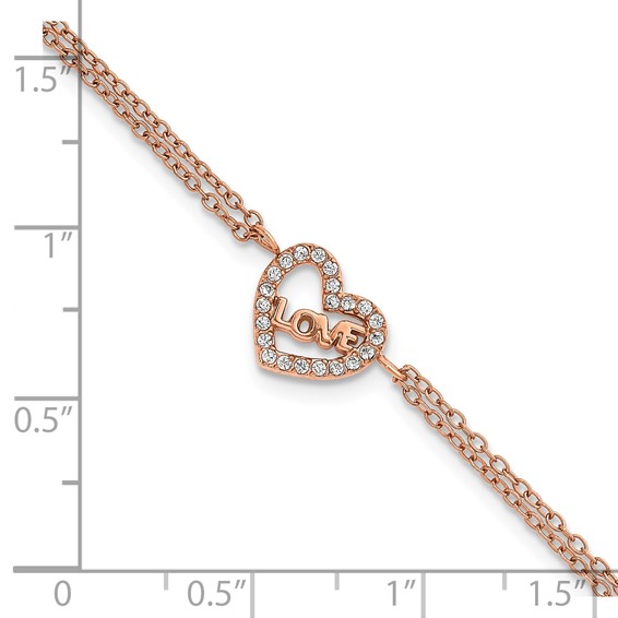 Stainless Steel Polished Rose IP CZ Heart w/LOVE 6in w/2in ext. Bracelet