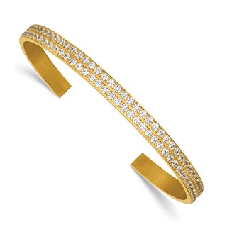 Stainless Steel Polished Yellow IP-plated Double Row CZ 5mm Cuff Bangle