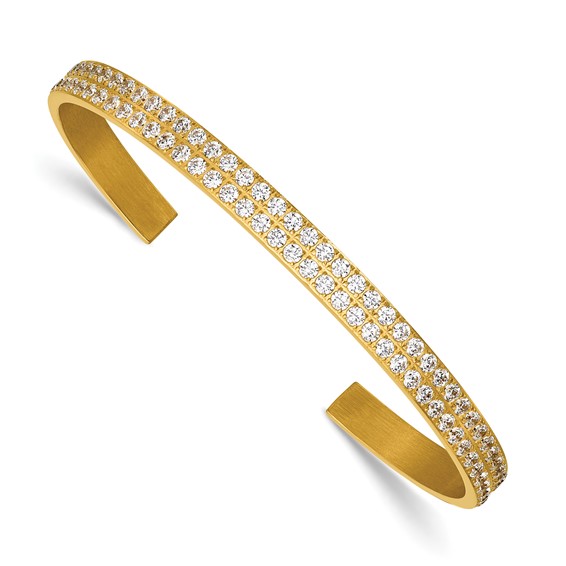 Stainless Steel Polished Yellow IP-plated Double Row CZ 5mm Cuff Bangle