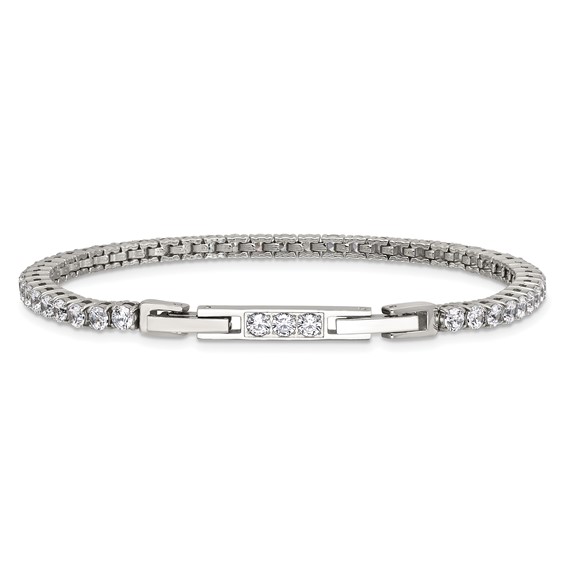 Stainless Steel Polished CZ 7in with1in ext. Tennis Bracelet