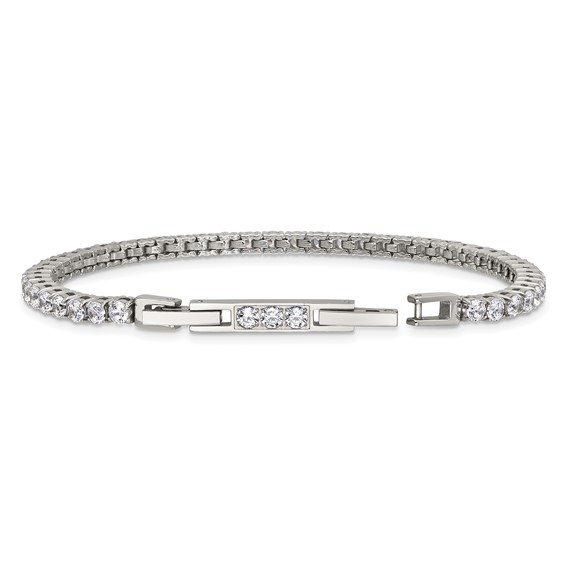 Stainless Steel Polished CZ 7in with1in ext. Tennis Bracelet