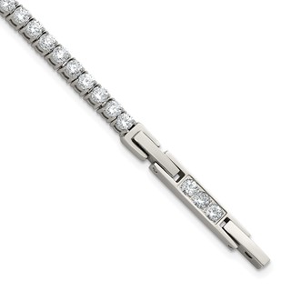 Stainless Steel Polished CZ 7in with1in ext. Tennis Bracelet