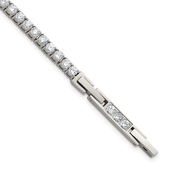Stainless Steel Polished CZ 7in with1in ext. Tennis Bracelet