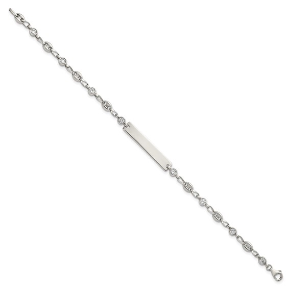 Stainless Steel with 925 Polished White CZ Anchor 7.5in ID Bracelet