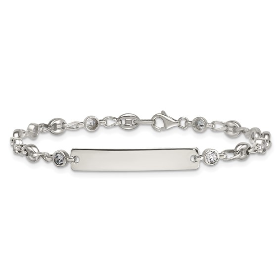 Stainless Steel with 925 Polished White CZ Anchor 7.5in ID Bracelet