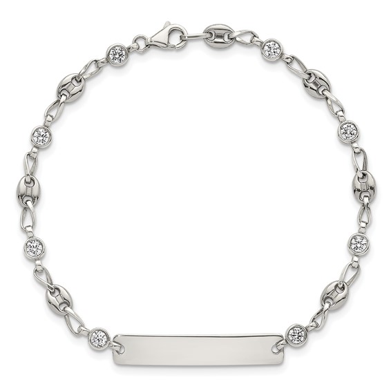 Stainless Steel with 925 Polished White CZ Anchor 7.5in ID Bracelet