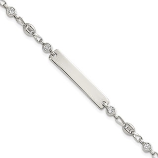 Stainless Steel with 925 Polished White CZ Anchor 7.5in ID Bracelet
