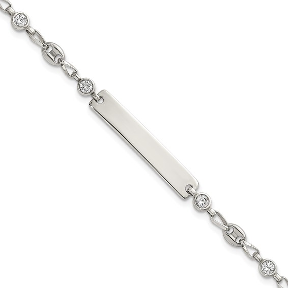Stainless Steel with 925 Polished White CZ Anchor 7.5in ID Bracelet