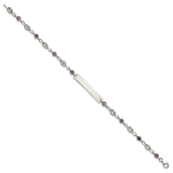 Stainless Steel with 925 Polished Purple CZ Anchor 7.5in ID Bracelet