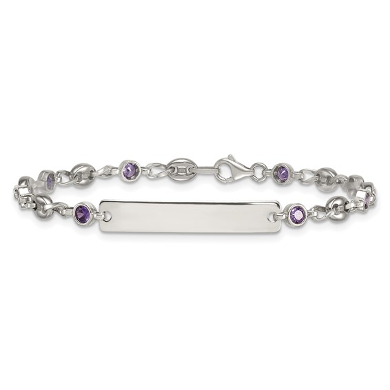 Stainless Steel with 925 Polished Purple CZ Anchor 7.5in ID Bracelet