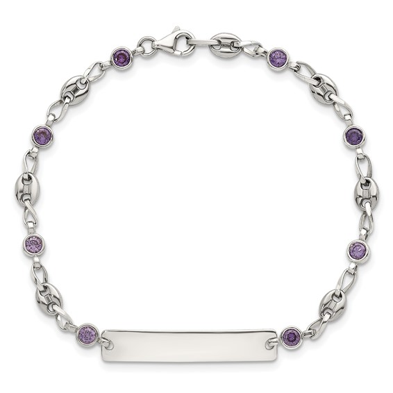 Stainless Steel with 925 Polished Purple CZ Anchor 7.5in ID Bracelet