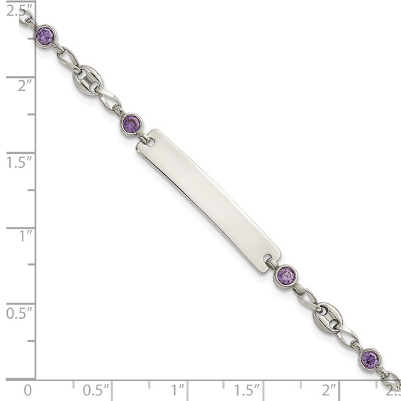 Stainless Steel with 925 Polished Purple CZ Anchor 7.5in ID Bracelet