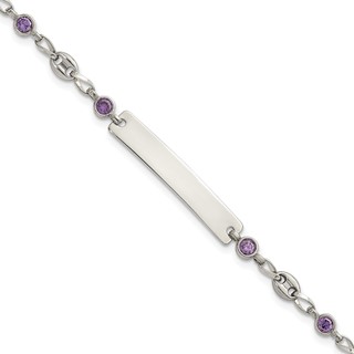 Stainless Steel with 925 Polished Purple CZ Anchor 7.5in ID Bracelet