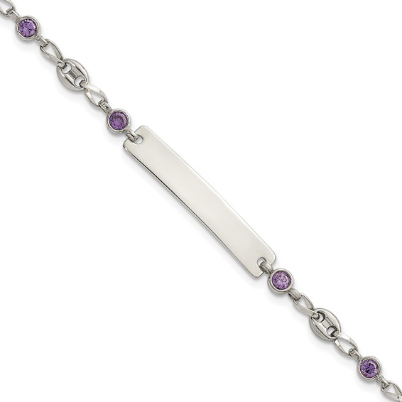 Stainless Steel with 925 Polished Purple CZ Anchor 7.5in ID Bracelet
