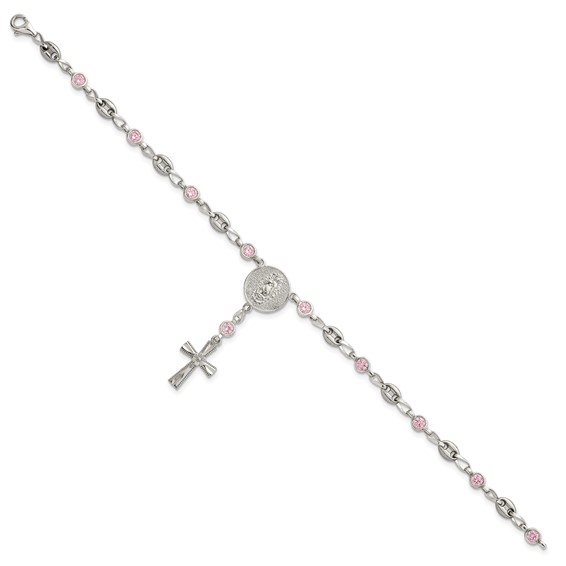 Stainless Steel with 925 Polished Pink CZ 7.5in Rosary Bracelet