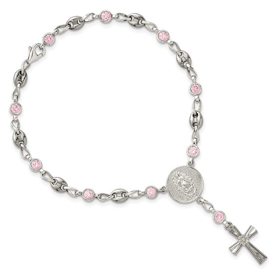 Stainless Steel with 925 Polished Pink CZ 7.5in Rosary Bracelet