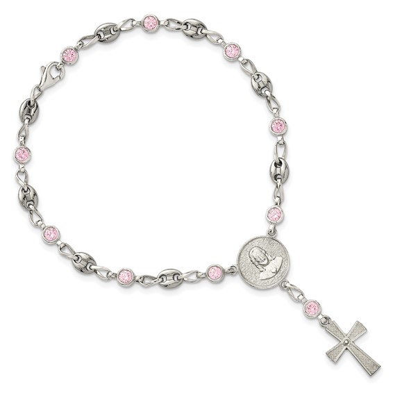 Stainless Steel with 925 Polished Pink CZ 7.5in Rosary Bracelet