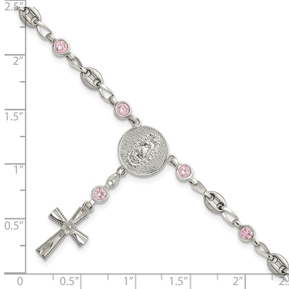 Stainless Steel with 925 Polished Pink CZ 7.5in Rosary Bracelet