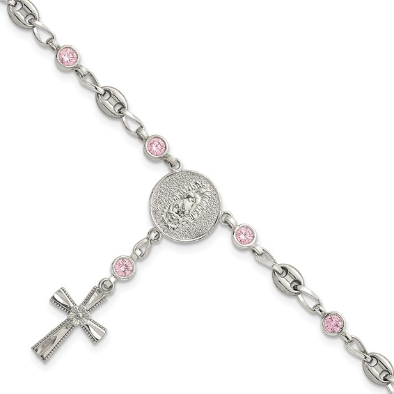Stainless Steel with 925 Polished Pink CZ 7.5in Rosary Bracelet
