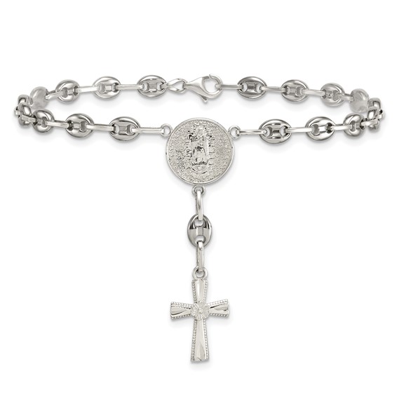 Stainless Steel with 925 Polished Jesus and Mary Cross 7.75in Bracelet