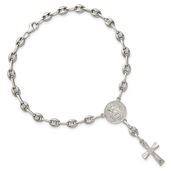 Stainless Steel with 925 Polished Jesus and Mary Cross 7.75in Bracelet