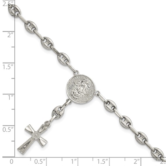 Stainless Steel with 925 Polished Jesus and Mary Cross 7.75in Bracelet