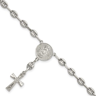 Stainless Steel with 925 Polished Jesus and Mary Cross 7.75in Bracelet