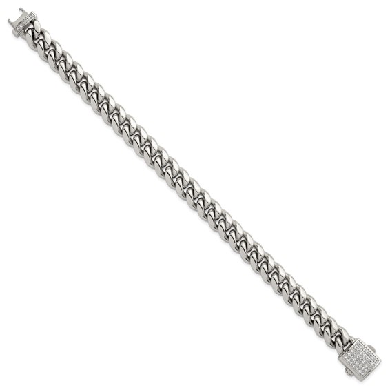 Stainless Steel Polished 10mm Curb Link w/CZ Clasp 8.5in Bracelet