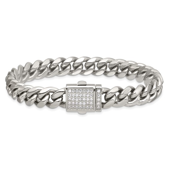 Stainless Steel Polished 10mm Curb Link w/CZ Clasp 8.5in Bracelet
