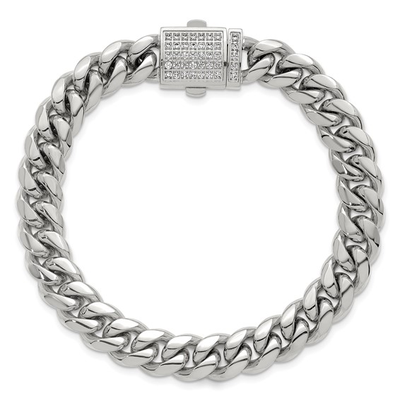 Stainless Steel Polished 10mm Curb Link w/CZ Clasp 8.5in Bracelet