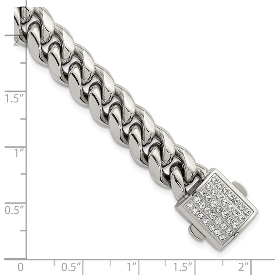 Stainless Steel Polished 10mm Curb Link w/CZ Clasp 8.5in Bracelet