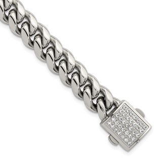 Stainless Steel Polished 10mm Curb Link w/CZ Clasp 8.5in Bracelet