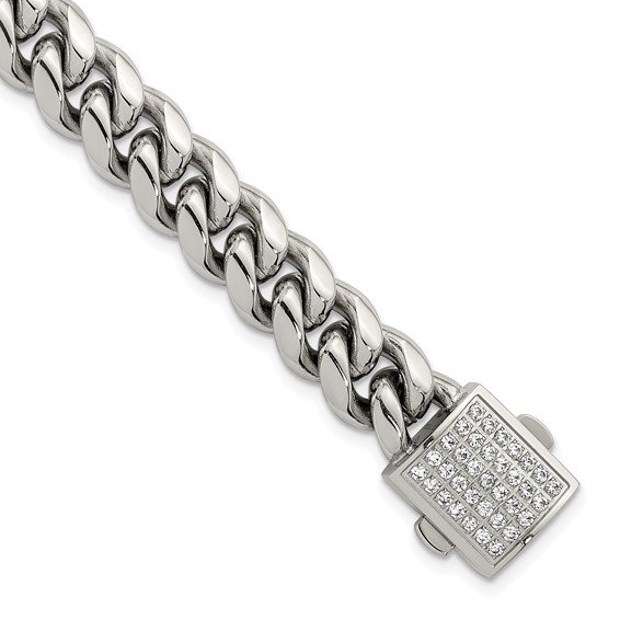 Stainless Steel Polished 10mm Curb Link w/CZ Clasp 8.5in Bracelet