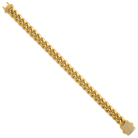 Stainless Steel Polished Yellow IP Curb Link CZ Clasp 8.5in Bracelet