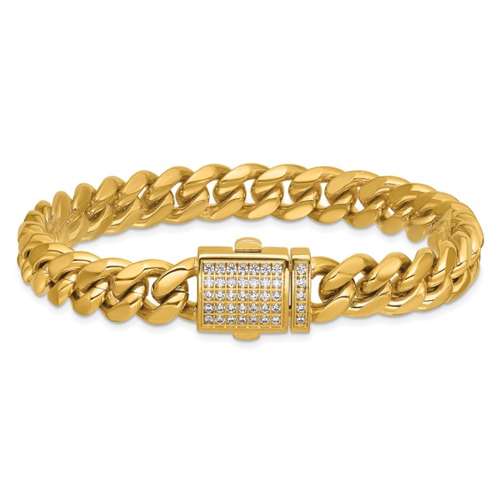 Stainless Steel Polished Yellow IP Curb Link CZ Clasp 8.5in Bracelet