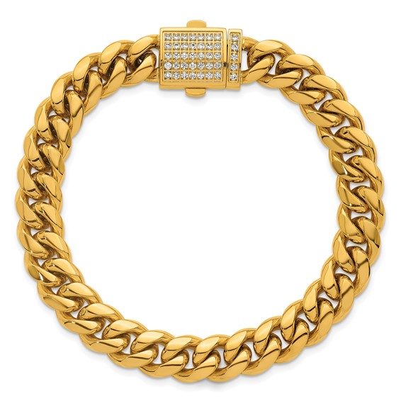 Stainless Steel Polished Yellow IP Curb Link CZ Clasp 8.5in Bracelet