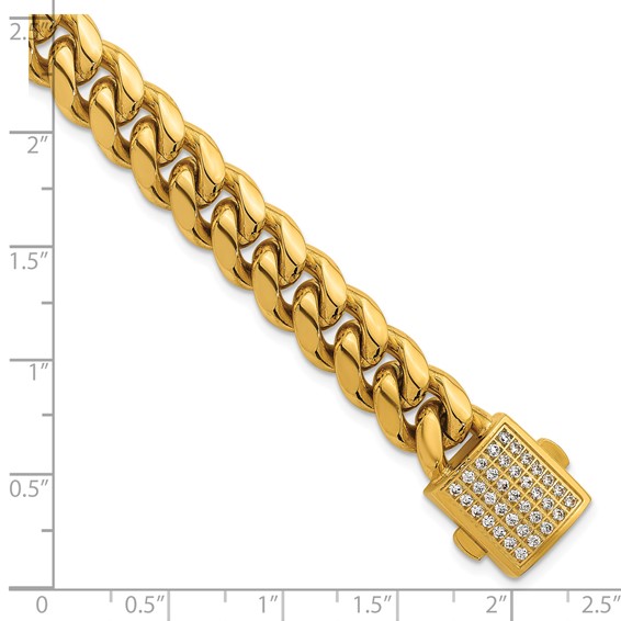 Stainless Steel Polished Yellow IP Curb Link CZ Clasp 8.5in Bracelet