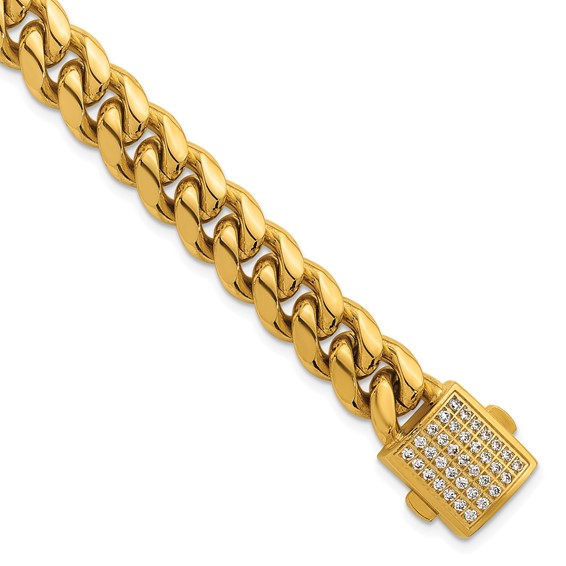 Stainless Steel Polished Yellow IP Curb Link CZ Clasp 8.5in Bracelet
