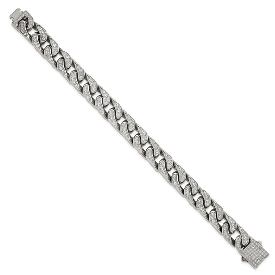 Stainless Steel Polished 12mm CZ Cable Link 8.5in Bracelet