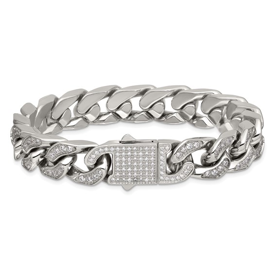 Stainless Steel Polished 12mm CZ Cable Link 8.5in Bracelet