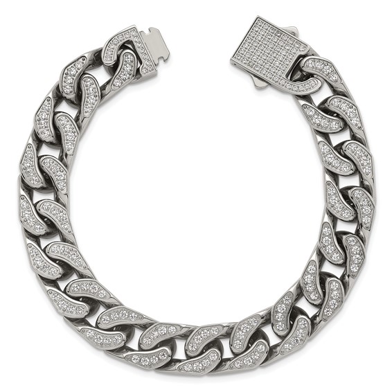 Stainless Steel Polished 12mm CZ Cable Link 8.5in Bracelet