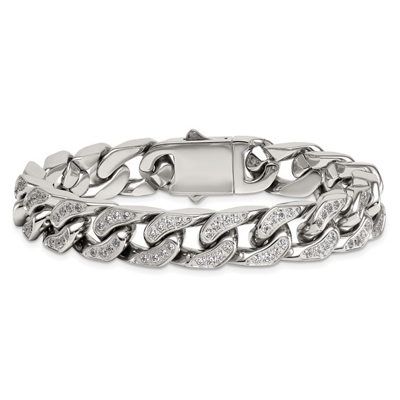 Stainless Steel Polished 12mm CZ Cable Link 8.5in Bracelet