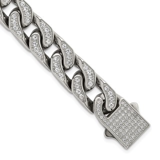 Stainless Steel Polished 12mm CZ Cable Link 8.5in Bracelet