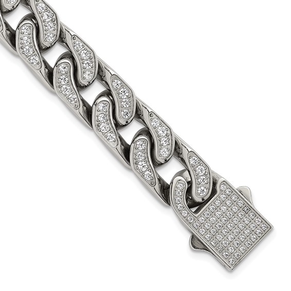 Stainless Steel Polished 12mm CZ Cable Link 8.5in Bracelet