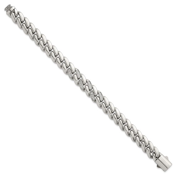 Stainless Steel Polished 12mm CZ Cable Link 8.5in Bracelet