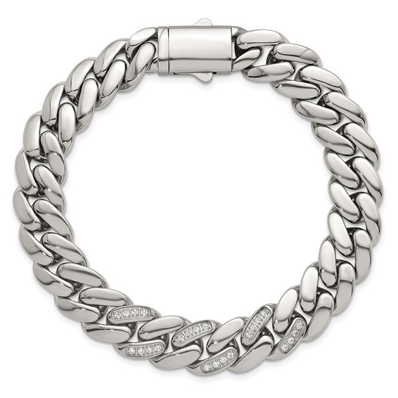 Stainless Steel Polished 12mm CZ Cable Link 8.5in Bracelet