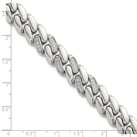 Stainless Steel Polished 12mm CZ Cable Link 8.5in Bracelet
