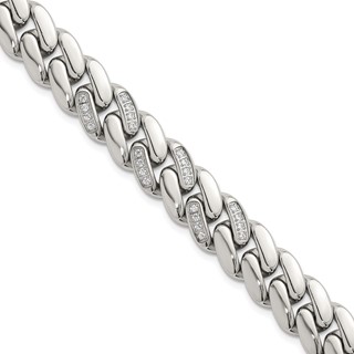 Stainless Steel Polished 12mm CZ Cable Link 8.5in Bracelet