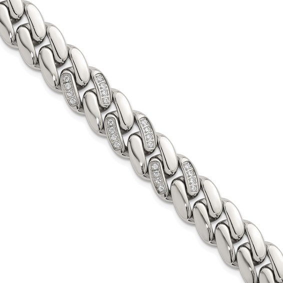 Stainless Steel Polished 12mm CZ Cable Link 8.5in Bracelet