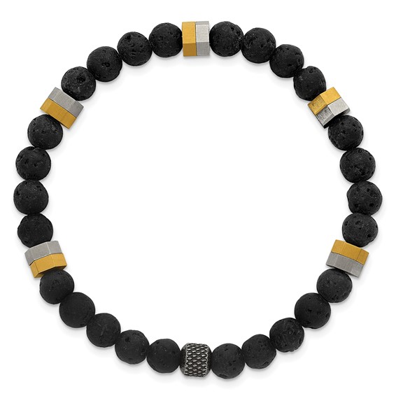 Stainless Steel Antiqued/Polished Yellow IP Lava Stone Stretch Bracelet
